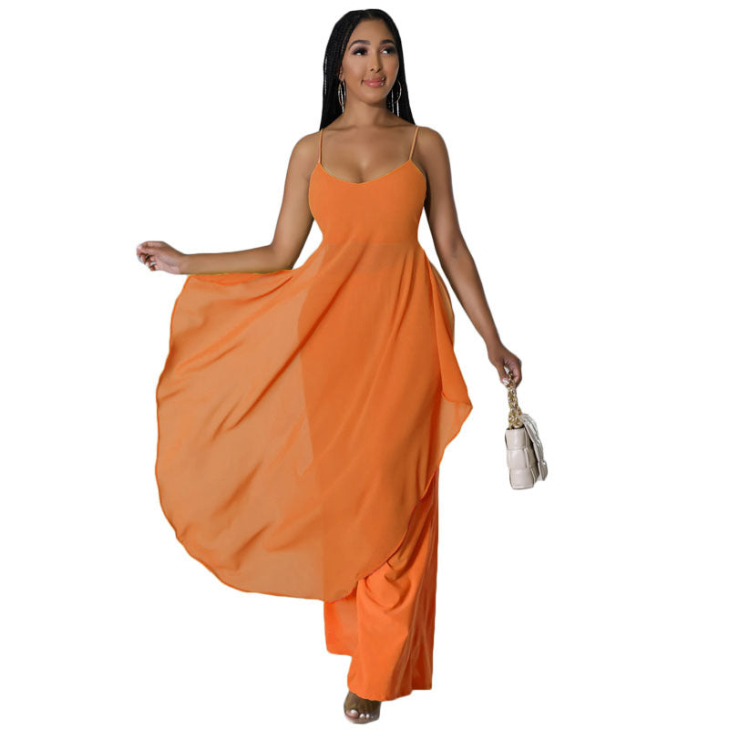 Summer Women Clothing Solid Color Overall Skirt Set Mesh Stitching Two Piece Sets Sexy