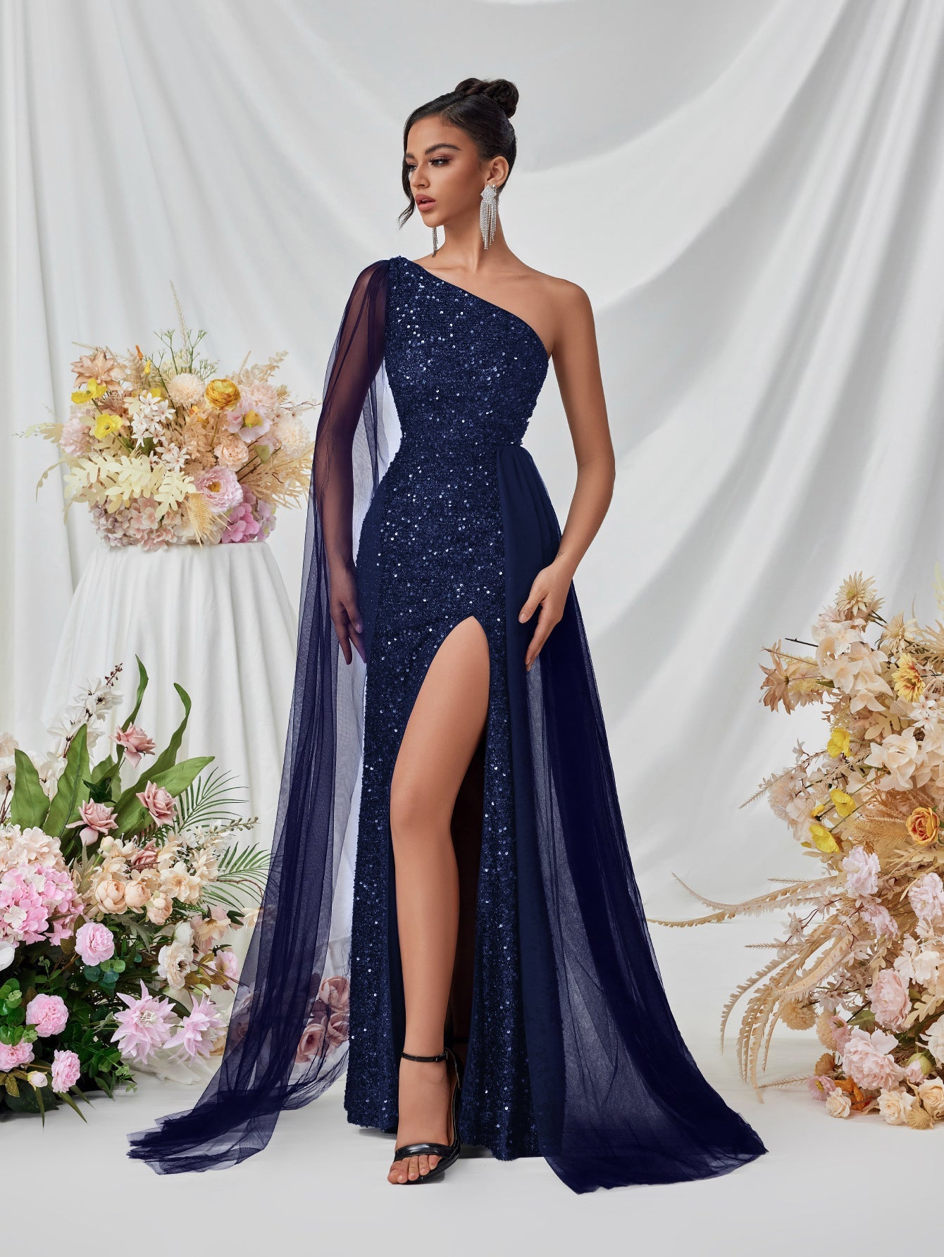Shoulder Sequined Evening Dress Mesh Ribbon High Slit Design the Dinner Party Stage Maxi Dress