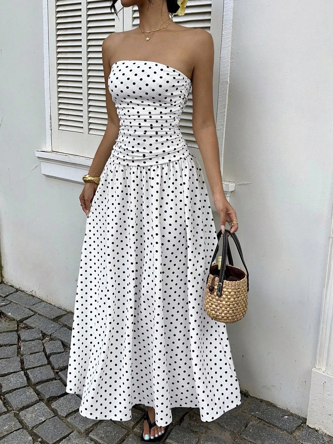 Spring Summer Sexy off the Shoulder Polka Dot A line Elegant Waist Slimming Dress Evening Dress