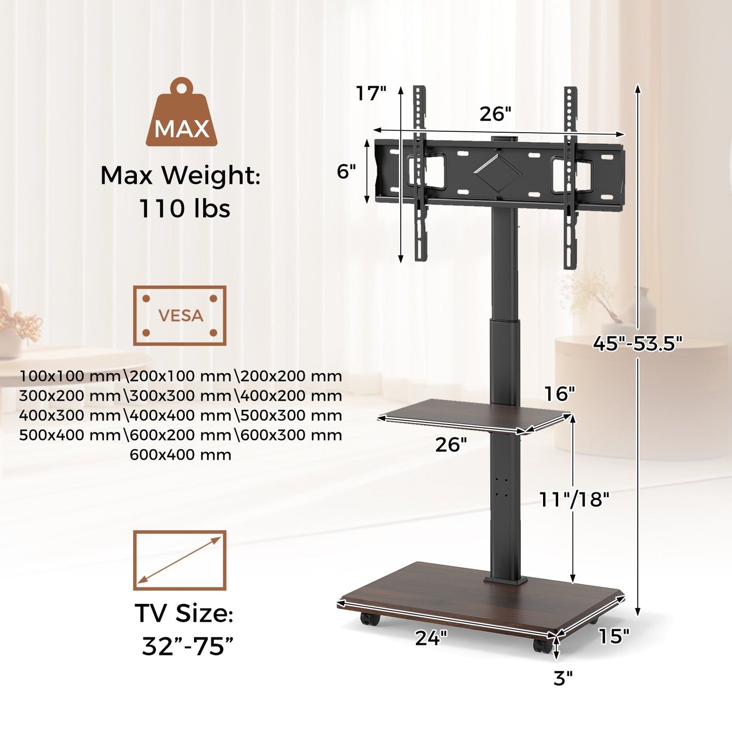 Rolling TV Stand on Wheels Mobile TV Cart for 32-75 Inch TVs Portable AV Cart