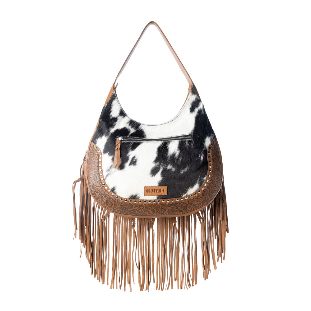 Myra Lasso Lane Hairon Leather Bag for Women in brown with fringe and embossed detail