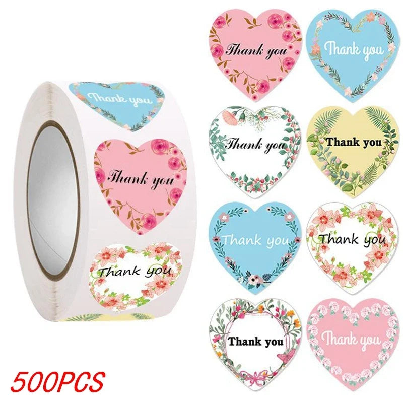 Heart Thank You Stickers | Floral Decorative Sealing Stickers for Wedding Gift Packaging and Small Business Supplies