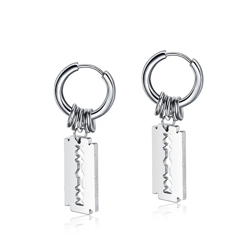 Vintage Razor Hollow Drop Earrings | Stainless Steel Punk Dangle Earrings for Men and Women