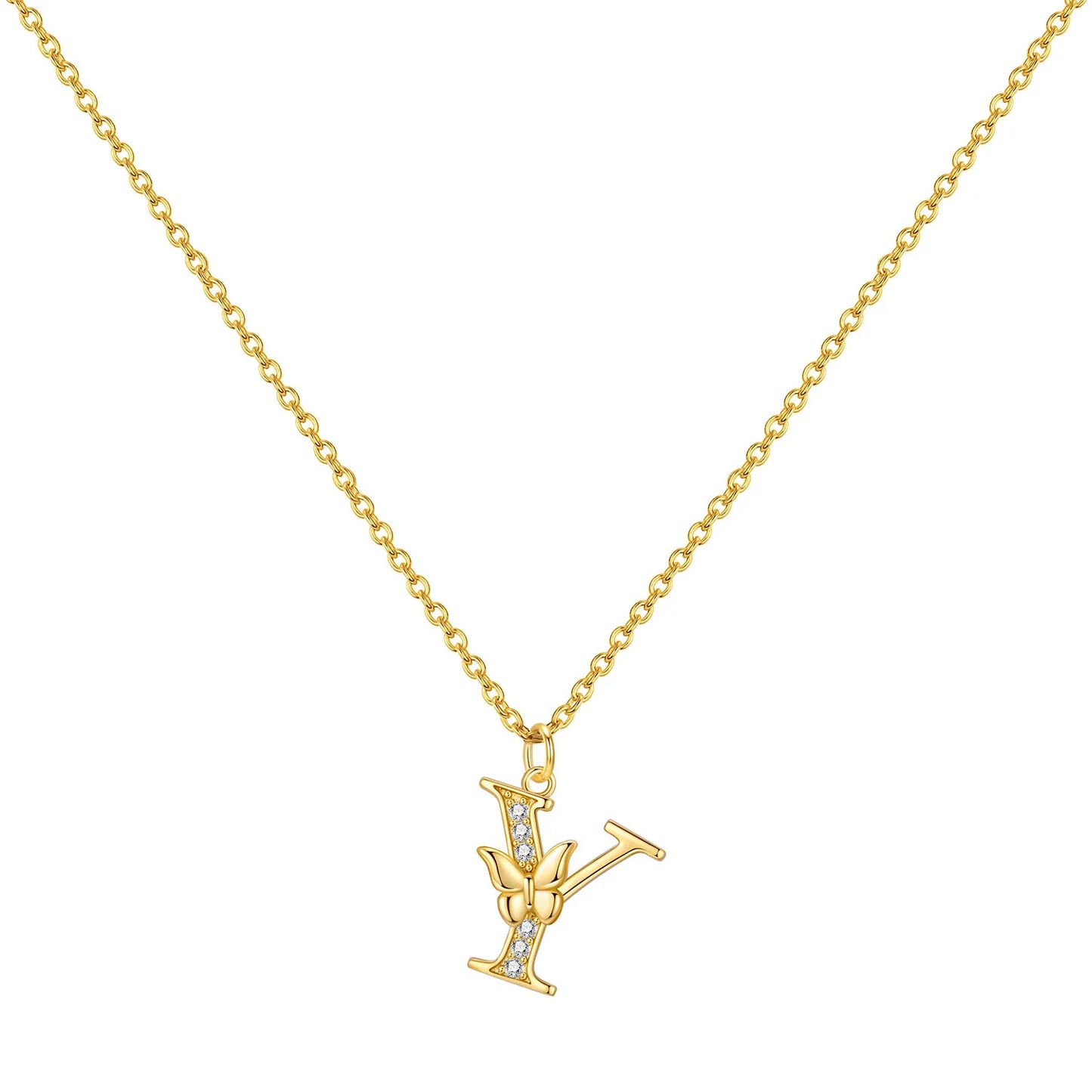 925 Sterling Silver Butterfly Initial Necklace | 26 Letter Y-Shaped Pendant for Women