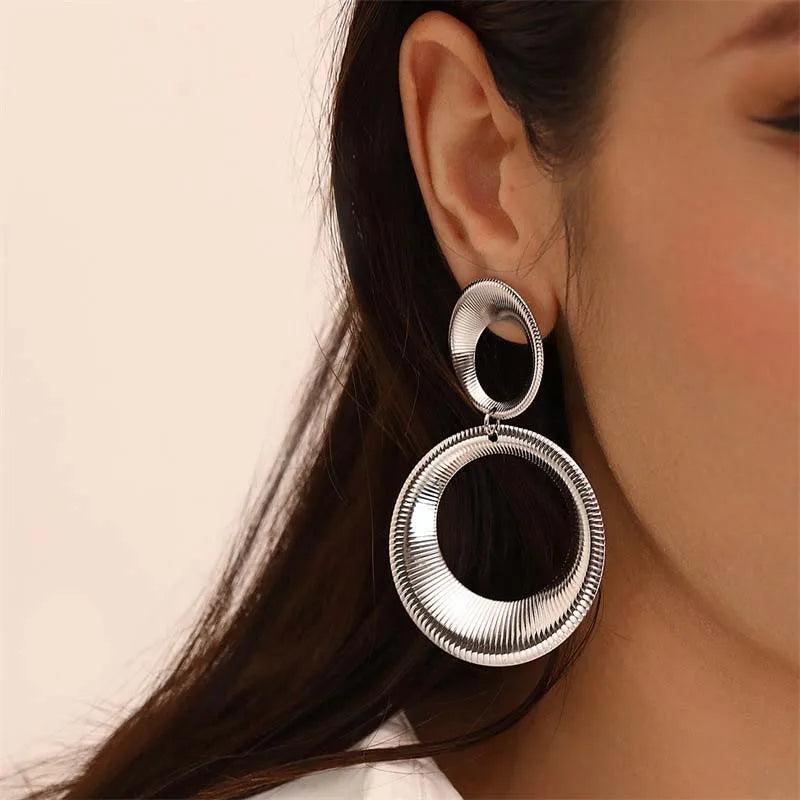 Vintage Metal Big Round Dangle Earrings | Gold Geometric Statement Jewelry
