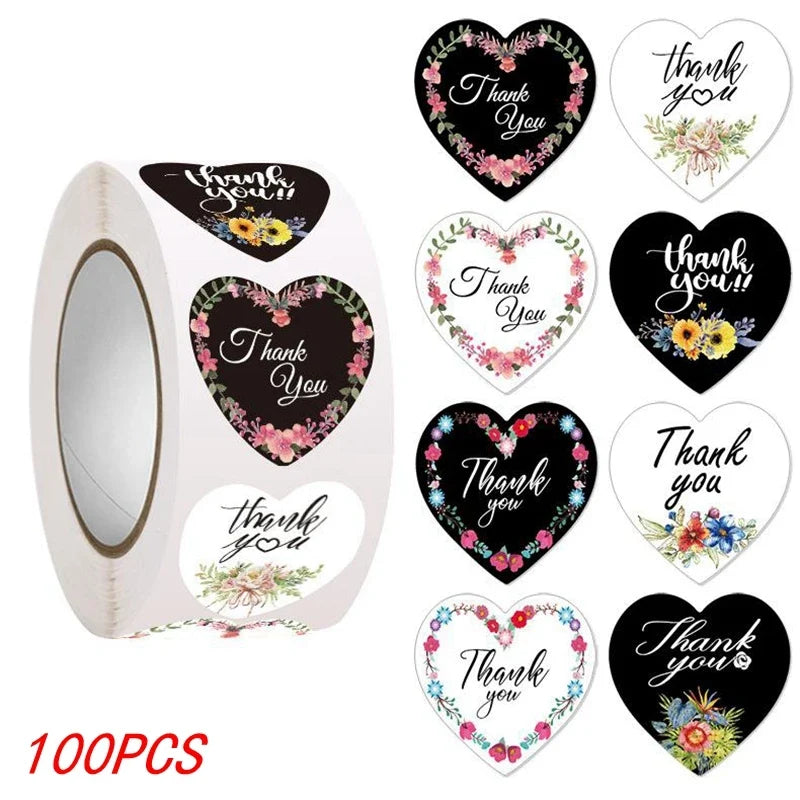 Heart Thank You Stickers | Floral Decorative Sealing Stickers for Wedding Gift Packaging and Small Business Supplies
