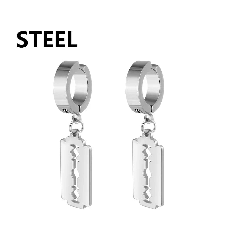 Vintage Razor Hollow Drop Earrings | Stainless Steel Punk Dangle Earrings for Men and Women