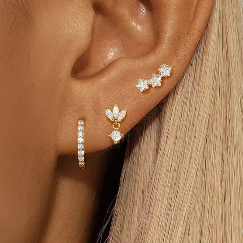 3PCS Star Stud Earrings Set | Stainless Steel Zircon Punk Piercing Jewelry for Women