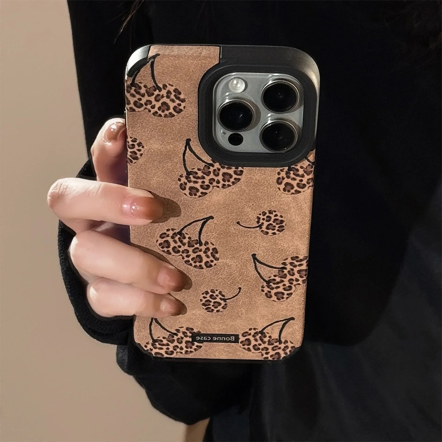 Leopard Print Cherry Suede Leather Phone Case with Beaded Chain For iPhone