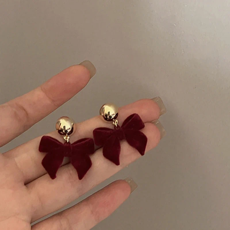 Vintage Black Flocking Bowknot Earrings | Geometric Drop Earrings for Women
