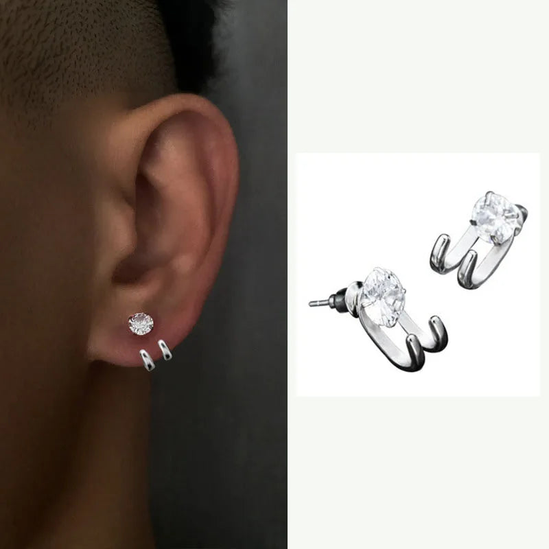 Zircon Stud Earrings Single Hook Shape | Trendy Hip-Hop Jewelry for Men Women