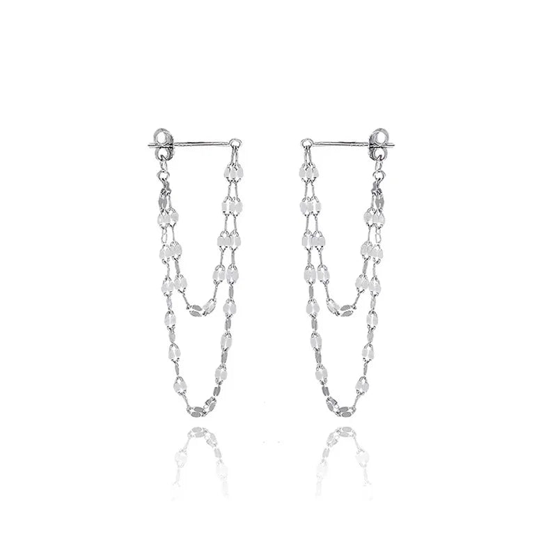 Silver Tassel Drop Earrings | Double Chain Rear-Hanging Earrings for Women