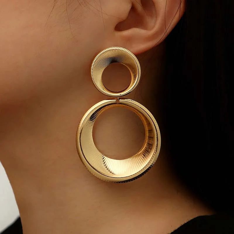 Vintage Metal Big Round Dangle Earrings | Gold Geometric Statement Jewelry
