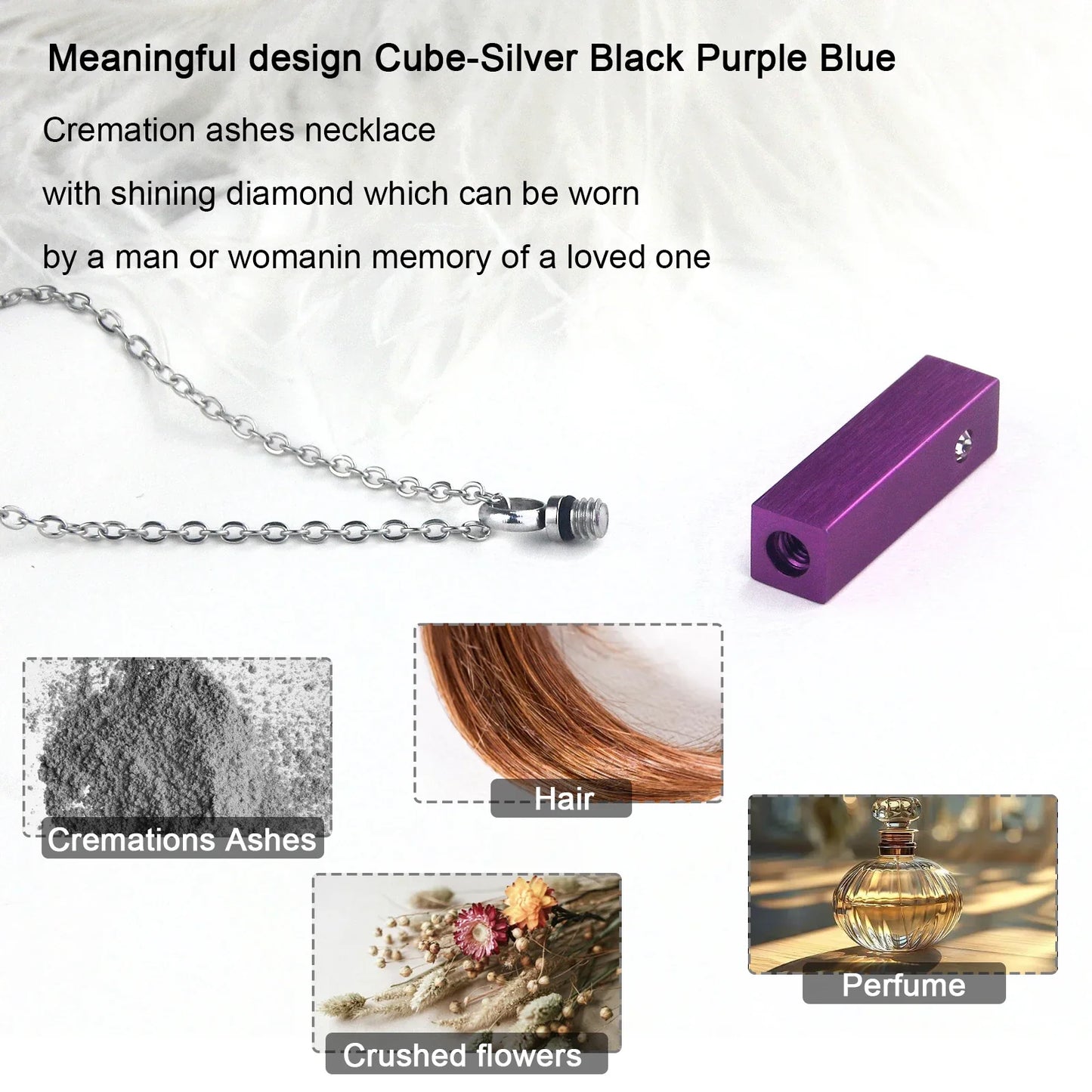Cube Urn Necklace for Ashes | Aluminum Alloy Cremation Jewelry with Crystal Memorial Pendant