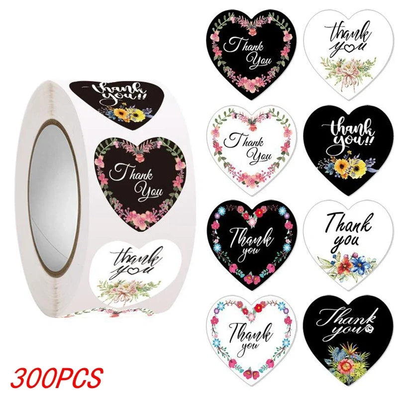 Heart Thank You Stickers | Floral Decorative Sealing Stickers for Wedding Gift Packaging and Small Business Supplies