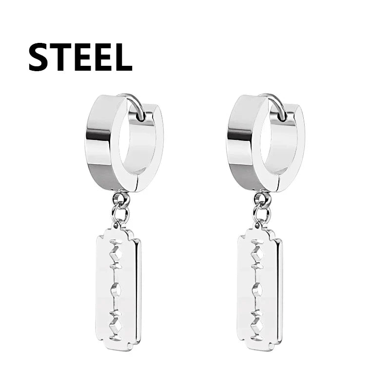 Vintage Razor Hollow Drop Earrings | Stainless Steel Punk Dangle Earrings for Men and Women