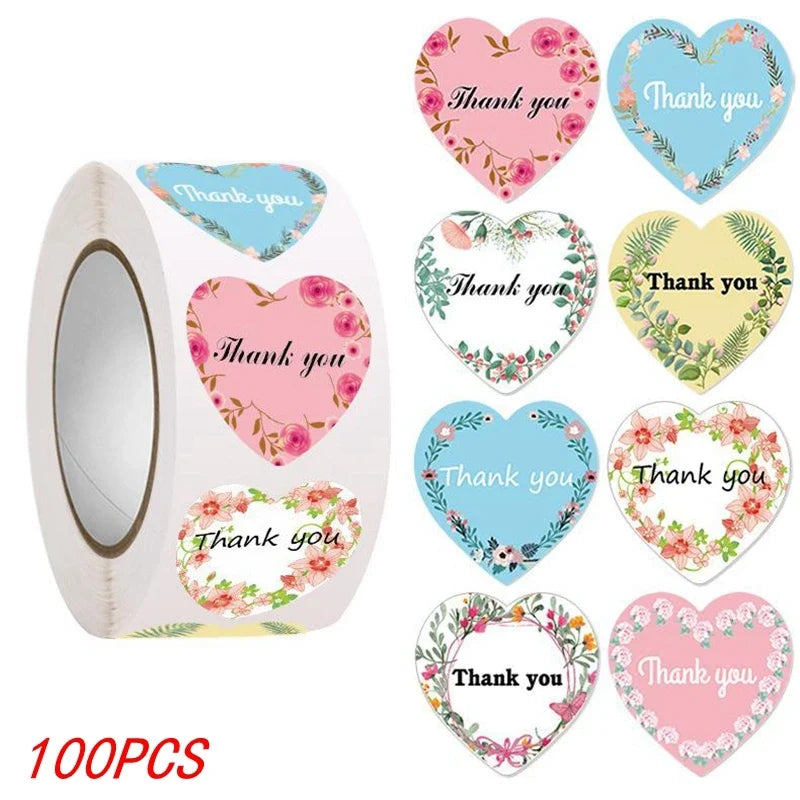 Heart Thank You Stickers | Floral Decorative Sealing Stickers for Wedding Gift Packaging and Small Business Supplies