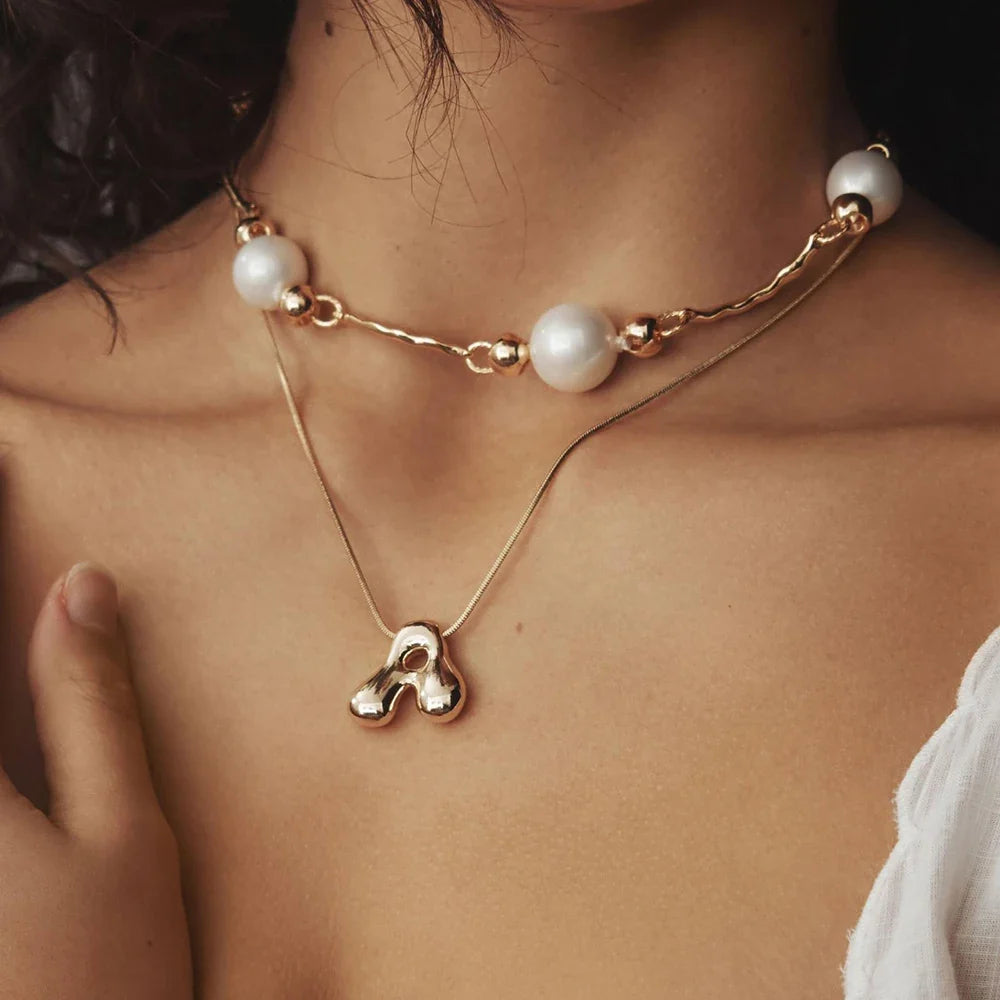 Golden Initial Necklace | Chunky Bubble Letter Pendant for Women