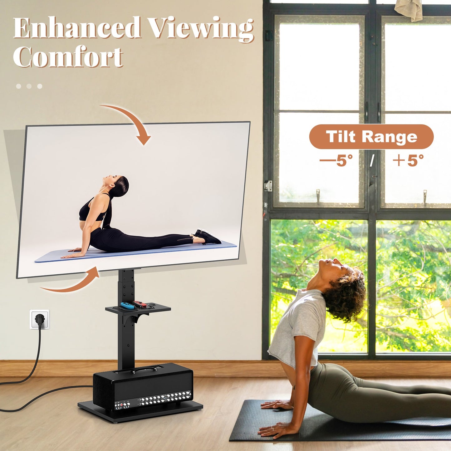 Tilt and Height Adjustable Floor TV Stand with Power Outlet and Adjustable AV Shelf