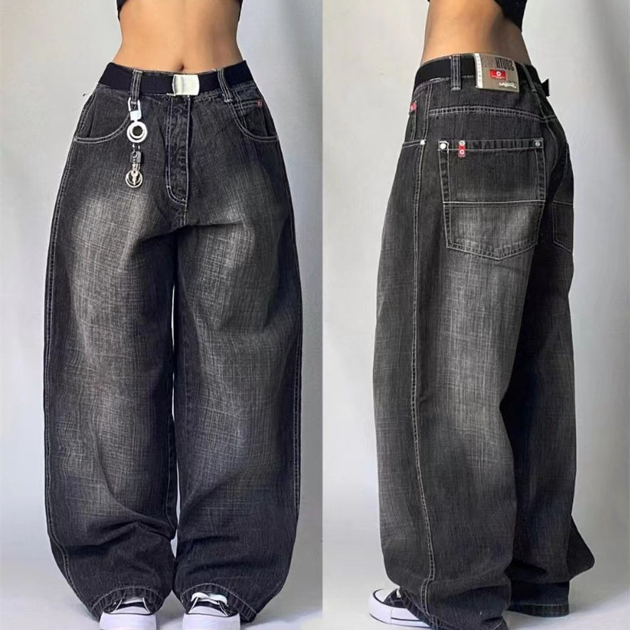 High Waist Retro Distressed Black Gray Wide-leg Jeans