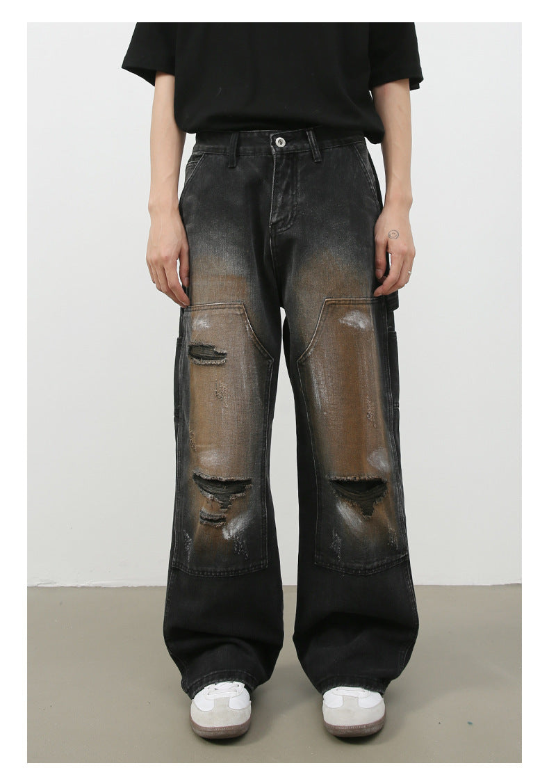 Street Retro Jeans Men's Loose Hole Straight-leg Trousers