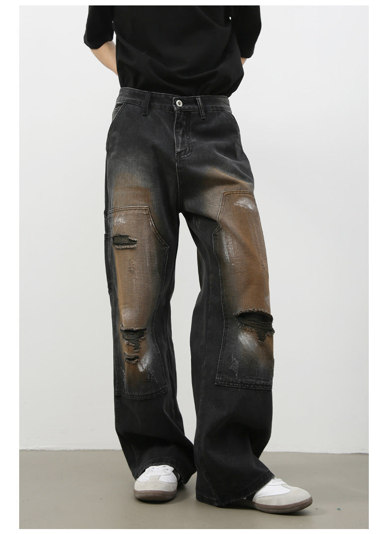 Street Retro Jeans Men's Loose Hole Straight-leg Trousers
