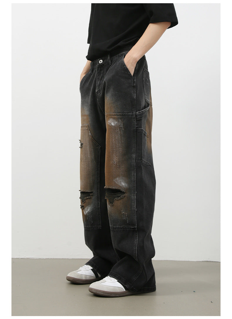 Street Retro Jeans Men's Loose Hole Straight-leg Trousers