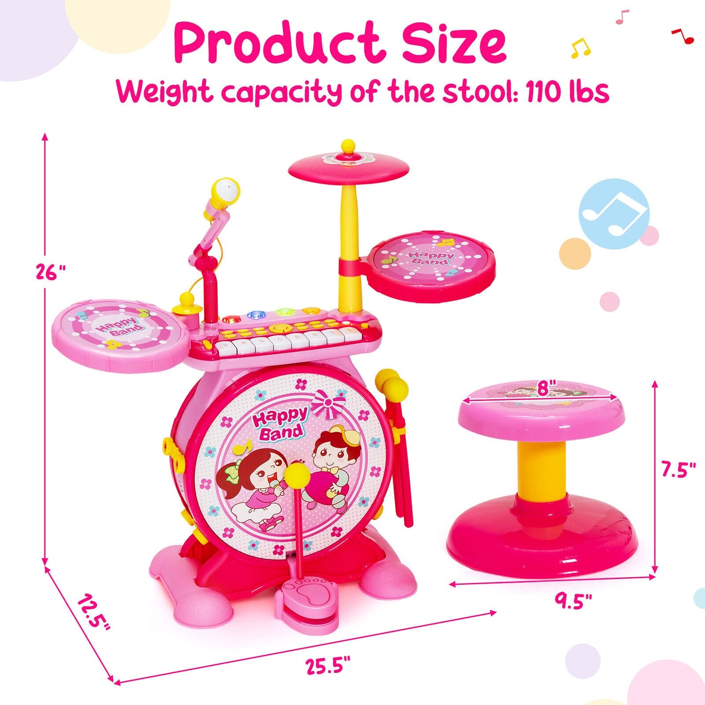 2-in-1 Kids Electronic Drum and Keyboard Set with Stool
