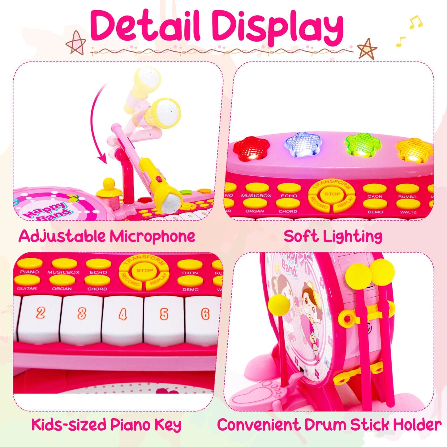 2-in-1 Kids Electronic Drum and Keyboard Set with Stool