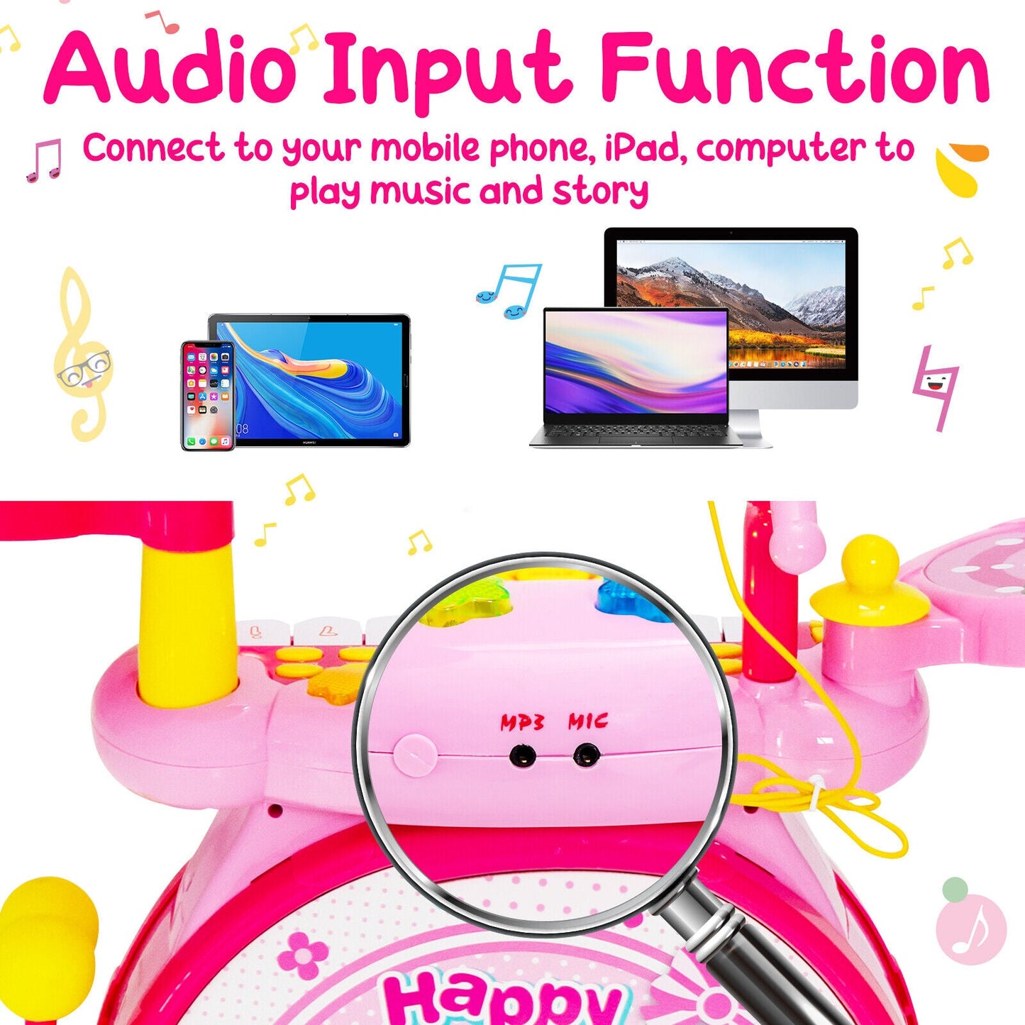 2-in-1 Kids Electronic Drum and Keyboard Set with Stool