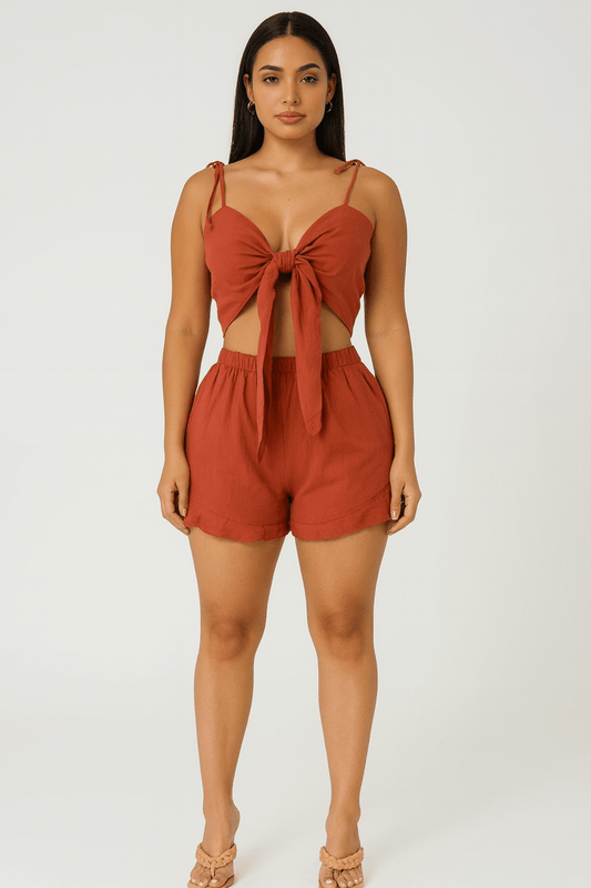 Maldives Linen Two Piece Crop Top Tie Short Set